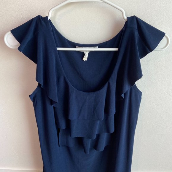 Claudia Richard Dark Blue Ruffle Short Sleeve Blouse - Picture 4 of 4